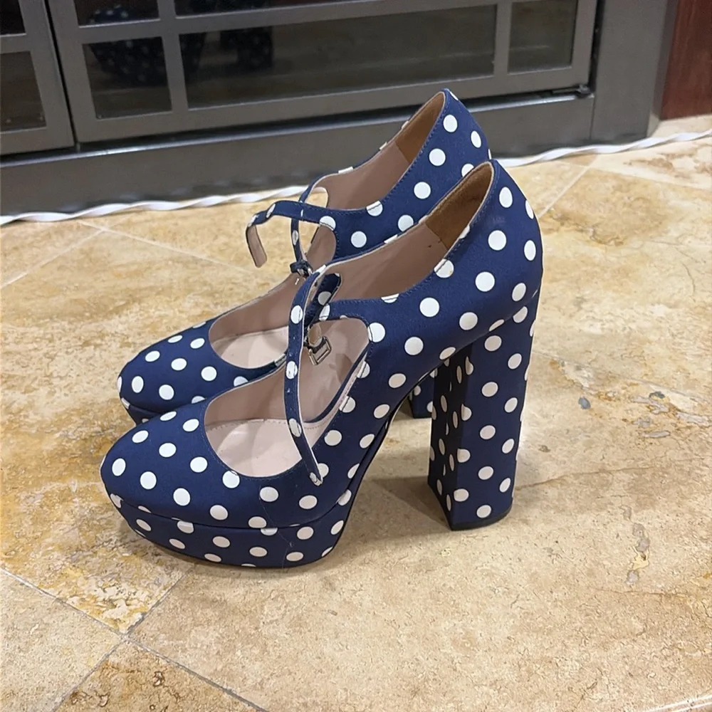 Miu Miu Blue Polka Dot Canvas Mary Jane Platform Ankle Strap Pumps